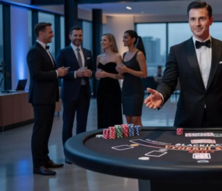 Moderovaný blackjackový stůl připravený pro večerní event