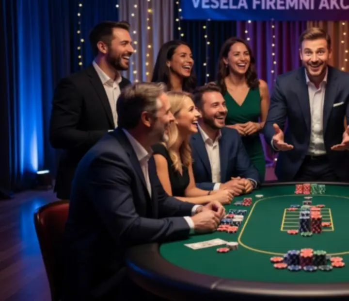 Pokerový večer Bohekrad se stylovým stolem, žetony a hosty